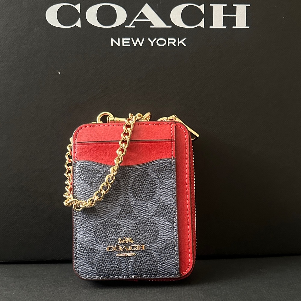 NWT COACH ZIP CARD CASE IN SIGNATURE CANVAS IN DENIM/BOLD RED - Picture 2 of 6